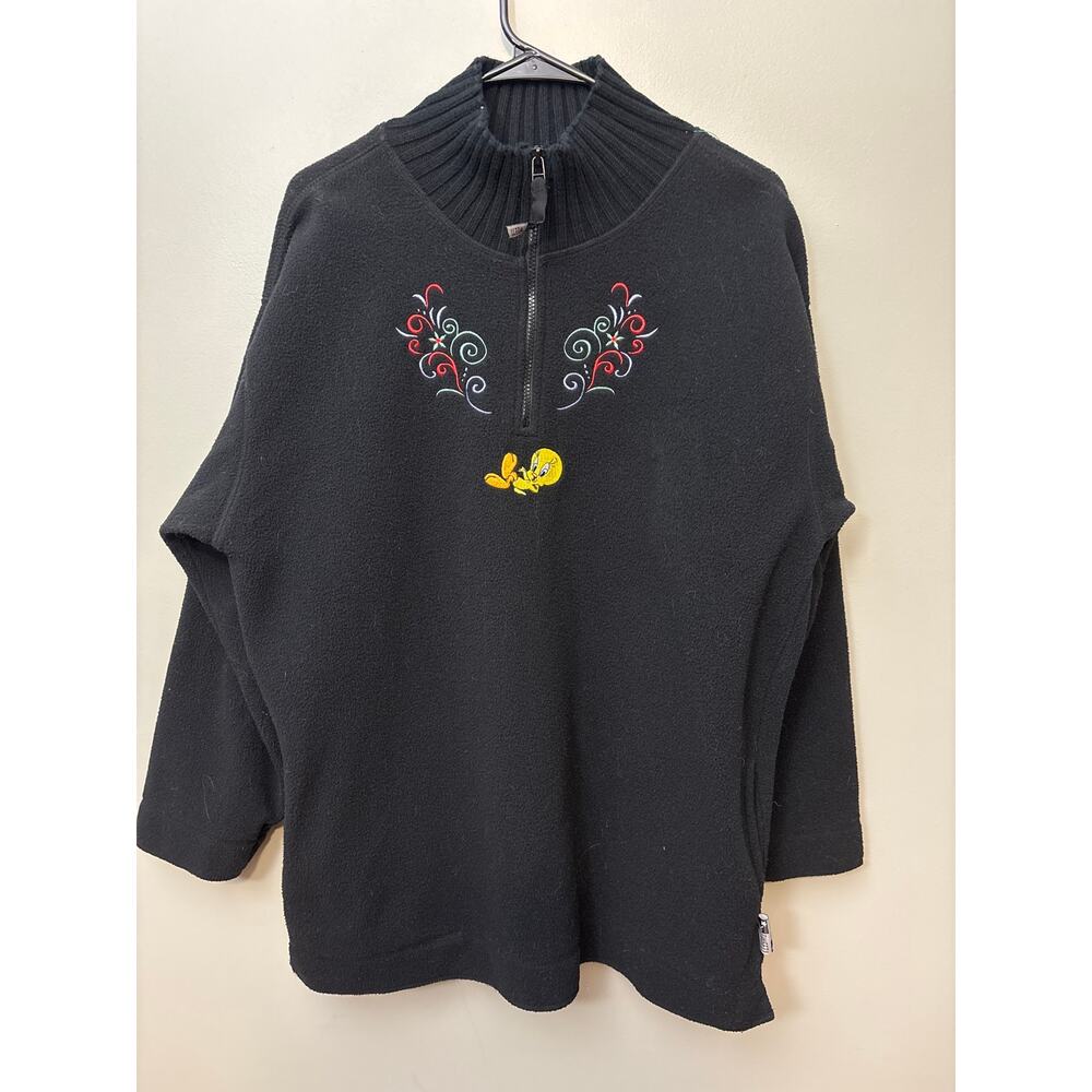 vintage Looney Tunes black fleece quarter-zip  embroidered Tweety Bird -Large